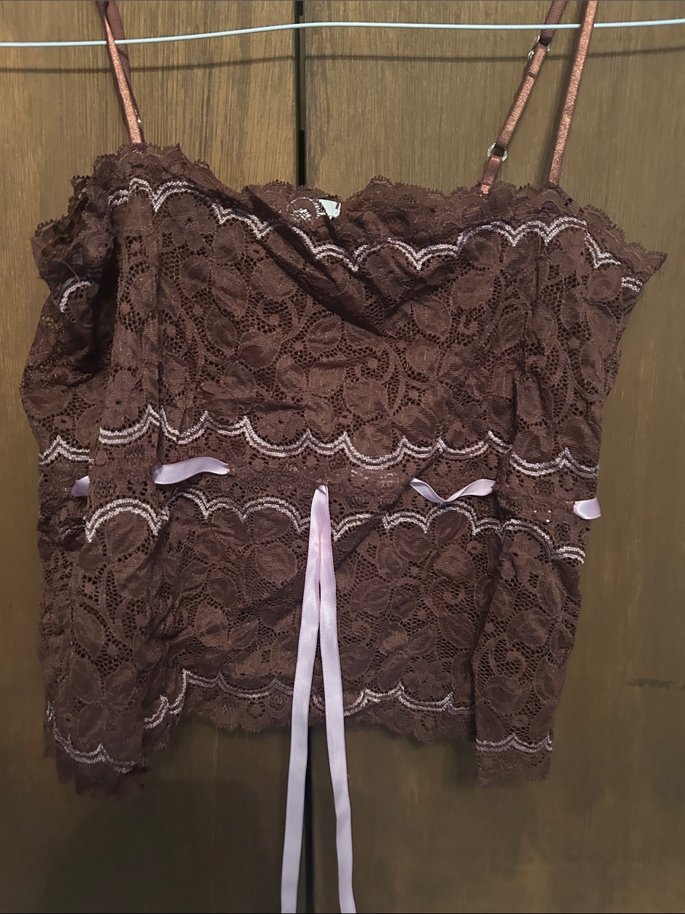ENERJEY Lace Camisole Tank with Pink Ribbon Detail - Brown